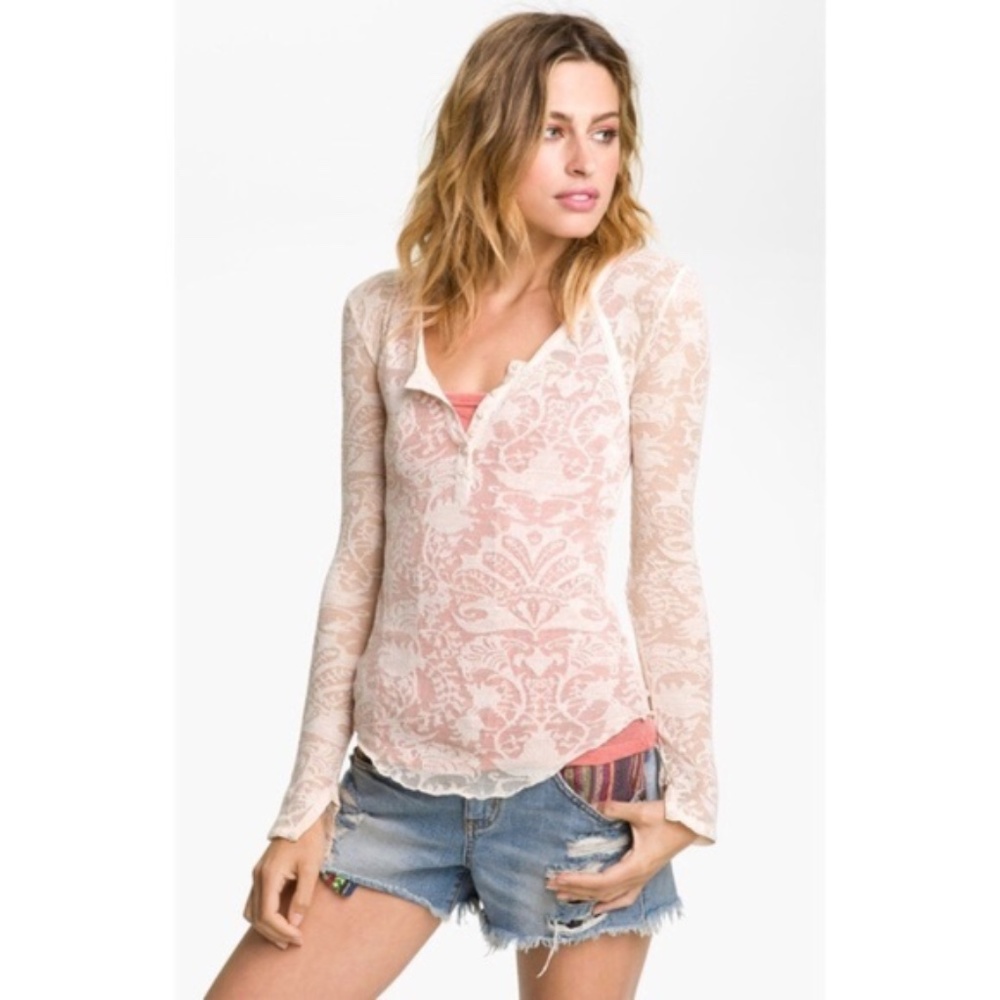 Free People White Lace Long-Sleeve Henley